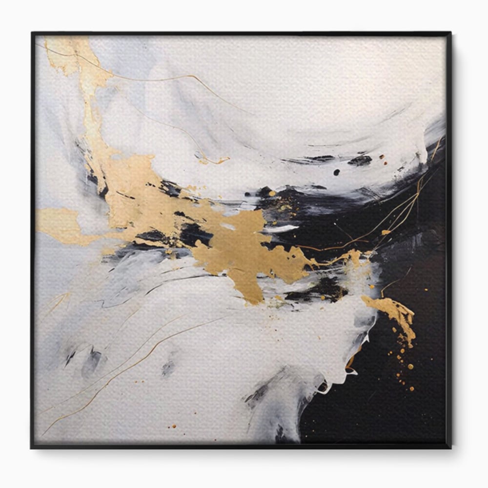 Tablou canvas cu tablou abstract cu insertii aurii, in rama de aluminiu negru